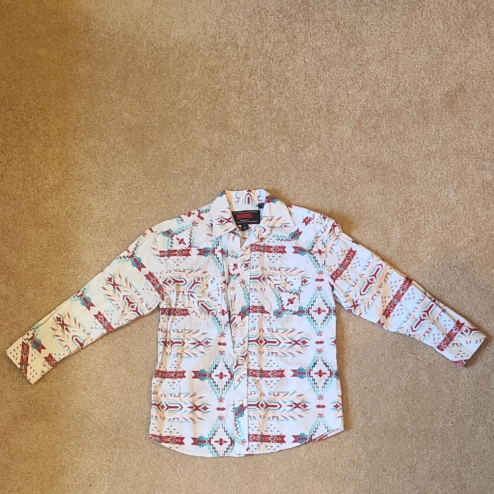 White and Red Button Down Shirt with Pattern